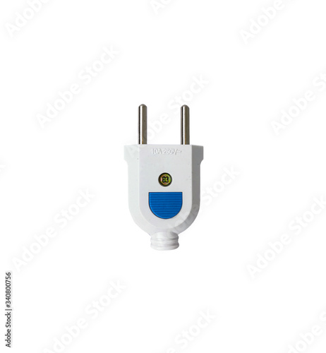 Single white electric plug without cable isolated on white background. A small stecker without shadow photo