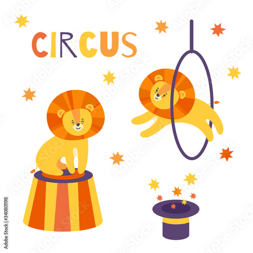 Circus set with adorable lions. Magic hat, stars, animals performing special tricks. Vector illustration in cute cartoon style