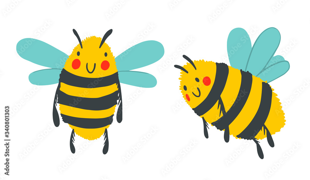 Cartoon happy wasp isolated on white background collection. Vector childish bee illustration. Cute flat insect set perfect for textile, sticker, poster, card Cartoon happy wasp isolated on white background collection. Vector childish bee illustration. Cute flat insect set perfect for textile, sticker, poster, card