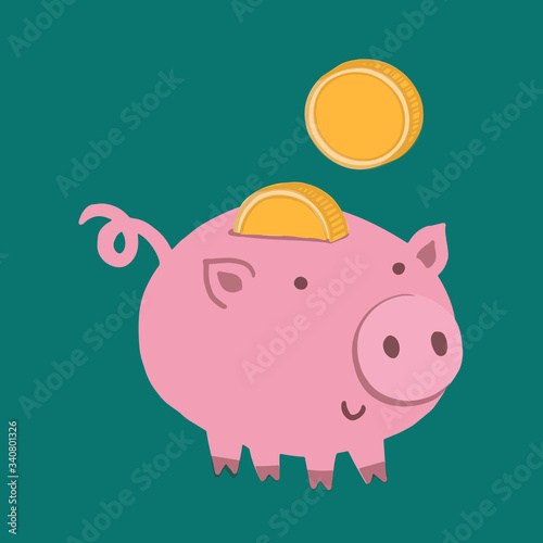 Hand drawn cartoon Piggy bank with coin. Vector Icon saving or accumulation of money, investment. Concept of banking or business services. Icon piggy bank in a flat style, isolated from the background