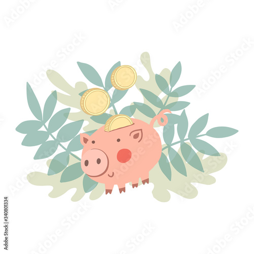 Hand drawn cartoon Piggy bank with coin and leaves, herbs. Vector Icon saving or accumulation of money, investment. Concept of banking or business services. Icon piggy bank in a flat style