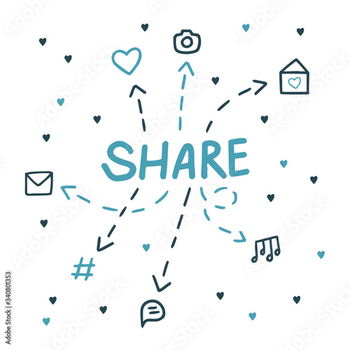 Social media. Share your emotions, likes, music, letters, photos and messages. Vector illustration in cute doodle style