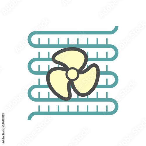 Condenser coil vector icon consist of copper or aluminium tubes, fins, fan for holds refrigerant, gas, pressure in air compressor for ductless split system, heating ventilation, air conditioning, hvac