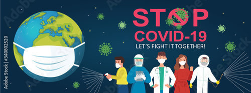 A medical mask protects against the spread of coronavirus COVID-19. Stop Coronavirus Covid-19 concept. Concept of coronavirus quarantine vector illustration. Health Care and Safety. Save the world.