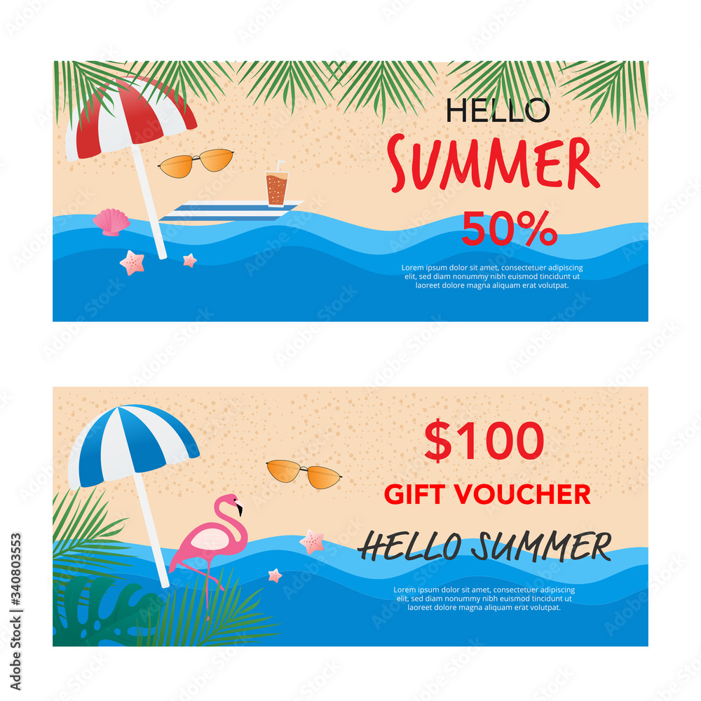 Hello summer sale gift voucher. End of season. Vector illustration. Flat design.