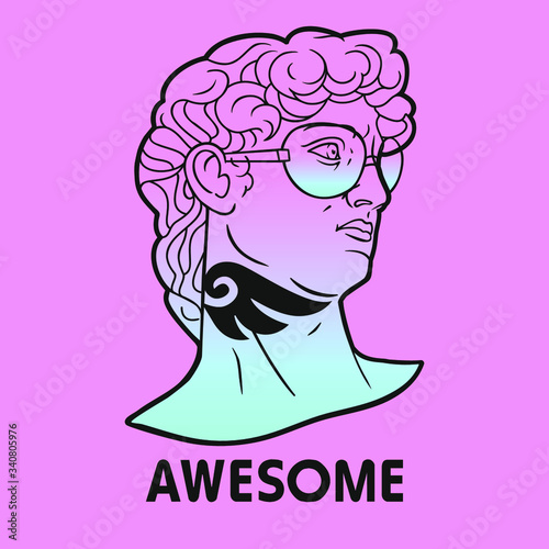 Antique statue head wearing glasses and tattoo. Illustration in pop punk style. AWESOME sign. Isolated lined vector art. Ancient history symbol clipart. Classic standart beauty symbol.