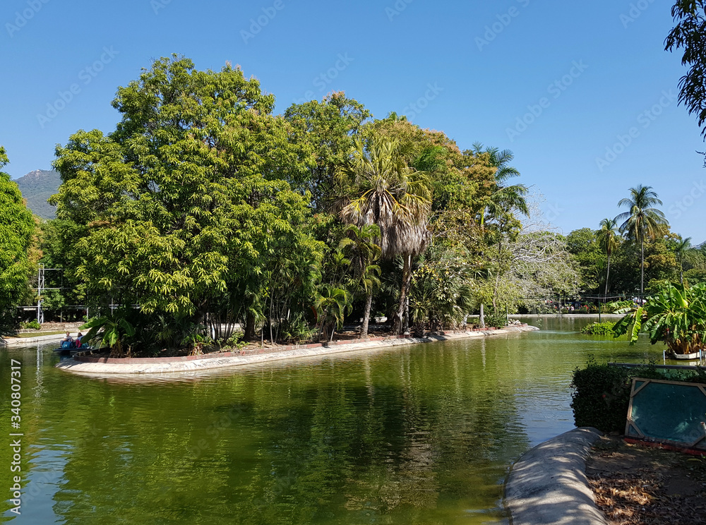 Pond in the Papagayo park and many trees with a blue sky in the background