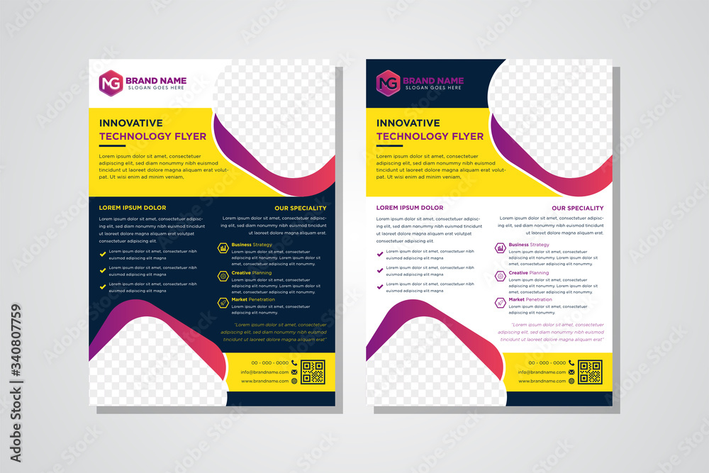 Combination Blue, white, purple gradient and yellow technology annual report brochure flyer design template vector, Leaflet cover presentation abstract flat background, vertical layout in A4 size. 