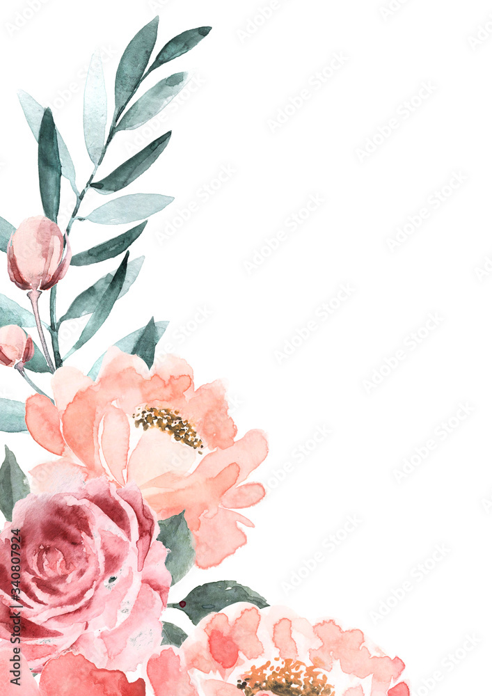 Background of watercolor flowers and leaves. Abstract floral gentle background. Pastel colors.