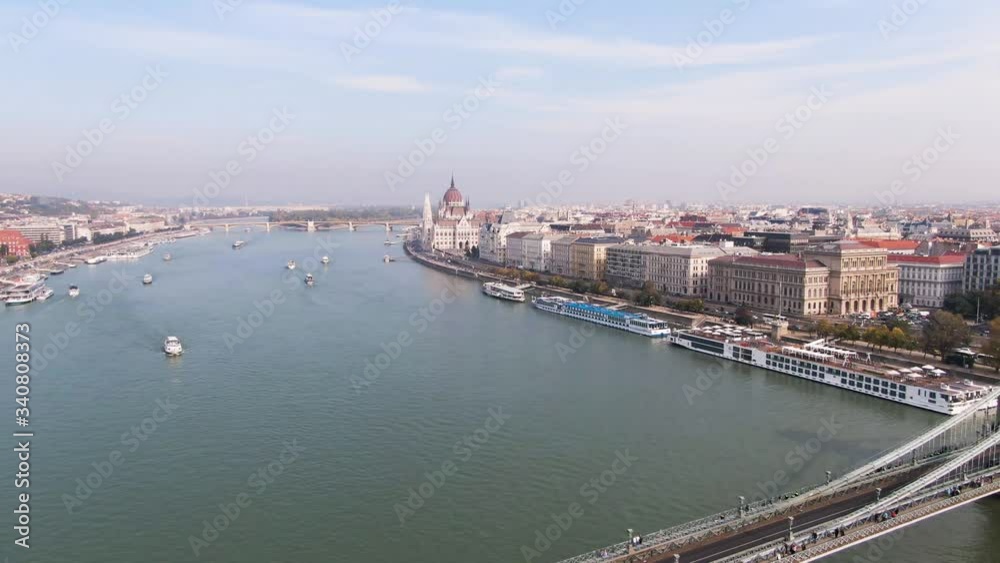 Aerial flying over Chain Bridge at River Danube at Budapest, Hungary at day Aerial flying over Chain Bridge at River Danube at Budapest, Hungary at day