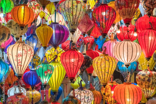 Colorful lanterns spread light on the old street of Hoi An Ancient Town - UNESCO World Heritage Site. Vietnam.