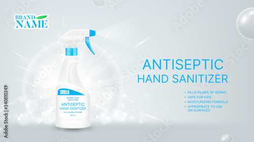 Antiseptic hand sanitizer promo banner. Antibacterial hand sanitizer. Realistic spray bottle with antibacterial liquid. Vector illustration.