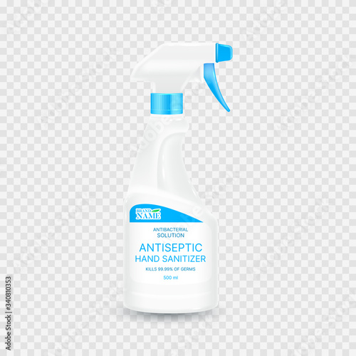Antiseptic hand sanitizer isolated on checkered background. Antibacterial hand sanitizer. Realistic spray bottle with antibacterial liquid. Vector illustration.