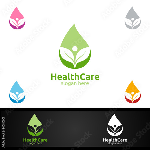 Water Drop Health Care Medical Logo with Human and Leaf Character for Therapy, Wellness, Spa, Education, Nutrition, or Fitness Concept