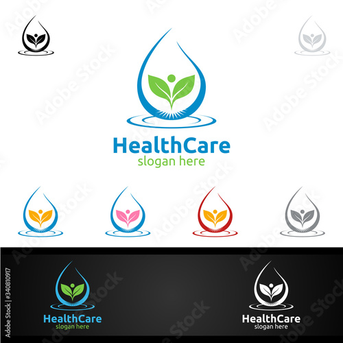 Water Drop Health Care Medical Logo with Human and Leaf Character for Therapy, Wellness, Spa, Education, Nutrition, or Fitness Concept