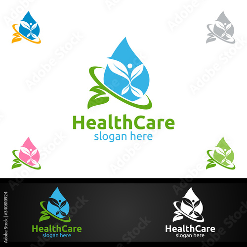 Water Drop Health Care Medical Logo with Human and Leaf Character for Therapy, Wellness, Spa, Education, Nutrition, or Fitness Concept