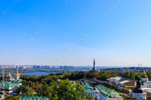 View of Kiev Pechersk Lavra  Kiev Monastery of the Caves    Motherland Monument and the Dnieper river in Ukraine. View from Great Lavra Bell Tower