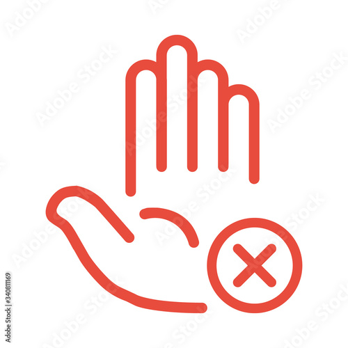 open palm with cross symbol, red outline icon