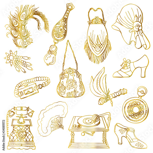 Golden linear art deco style set. Vintage things of 1920. Clock, brooch, medallion, peacock feather, headpiece, handbag, hat, sandals, shoes, fan, earrings, Retro telephone and gramophone. 