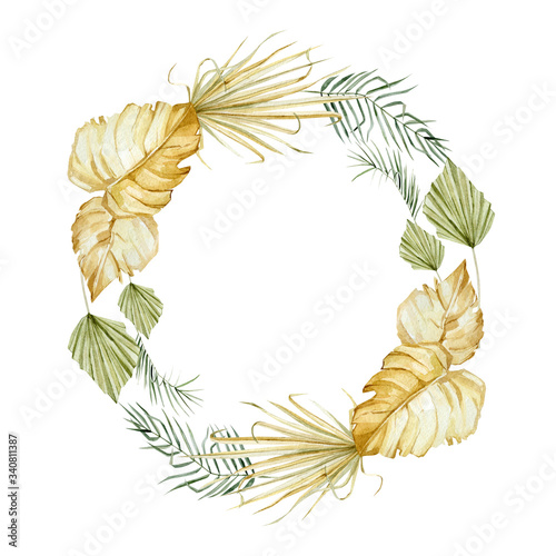 Watercolor tropical floral wreath. Golden and green dried jungle leaves in trendy boho style. Modern botanical illustration for wedding invintation, greeting card, poster.