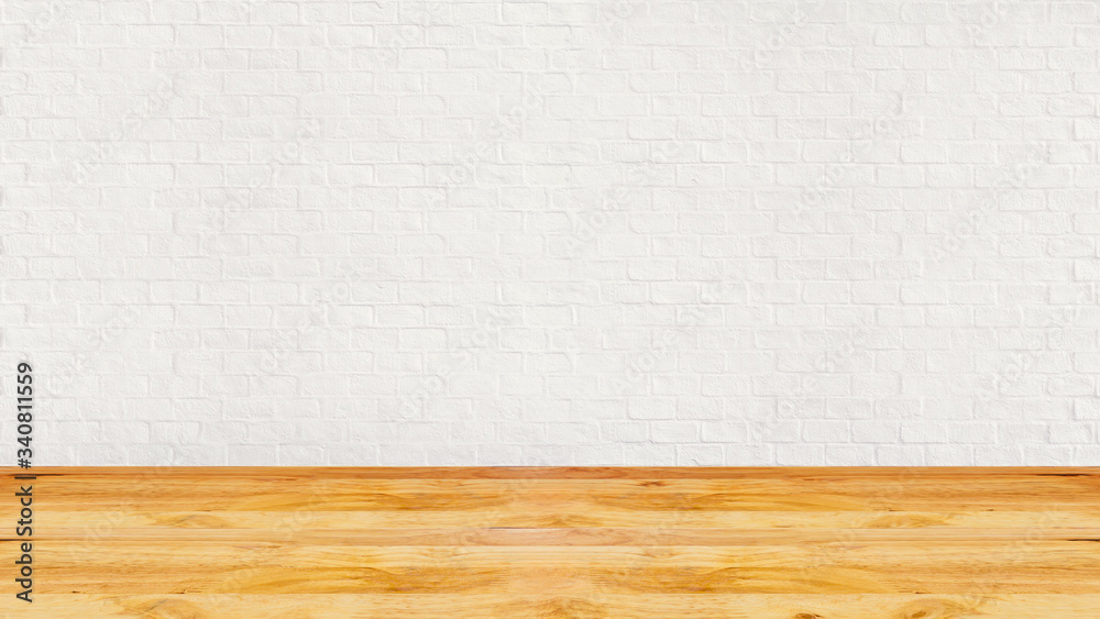Room interior vintage with white brick wall and wood floor. Stock Photo ...
