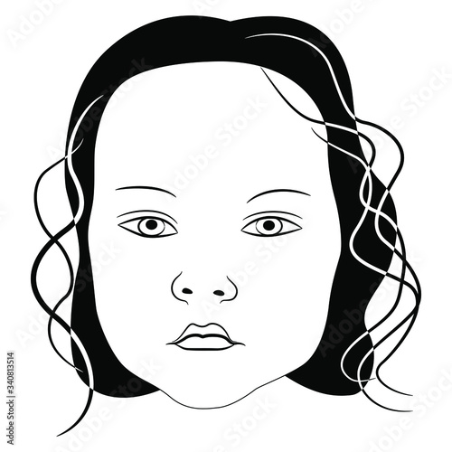 Isolated vector illustration. Female child's face. Cute baby. Black and white silhouette.