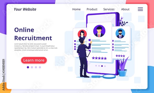Online recruitment, businessman choosing the best candidate for a new employee, Human Resource and Hiring concept. Modern flat web page design for website and mobile development. Vector illustration