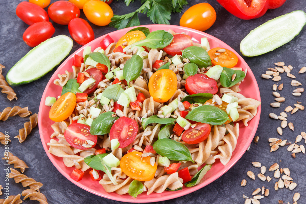 Fresh salad with pasta and vegetables. Best food for dieting and slimming