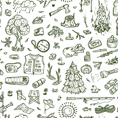 Tourism and camping Seamless pattern. Hand drawn doodle Camping Elements - vector illustration
