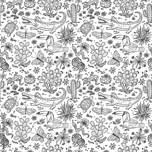 Mexico Vector Seamless pattern. Mexican flora and fauna. Nature of Mexico - Plants and animals. Hand drawn doodle Cactuses, butterflies, reptiles, crocodile, toucan bird