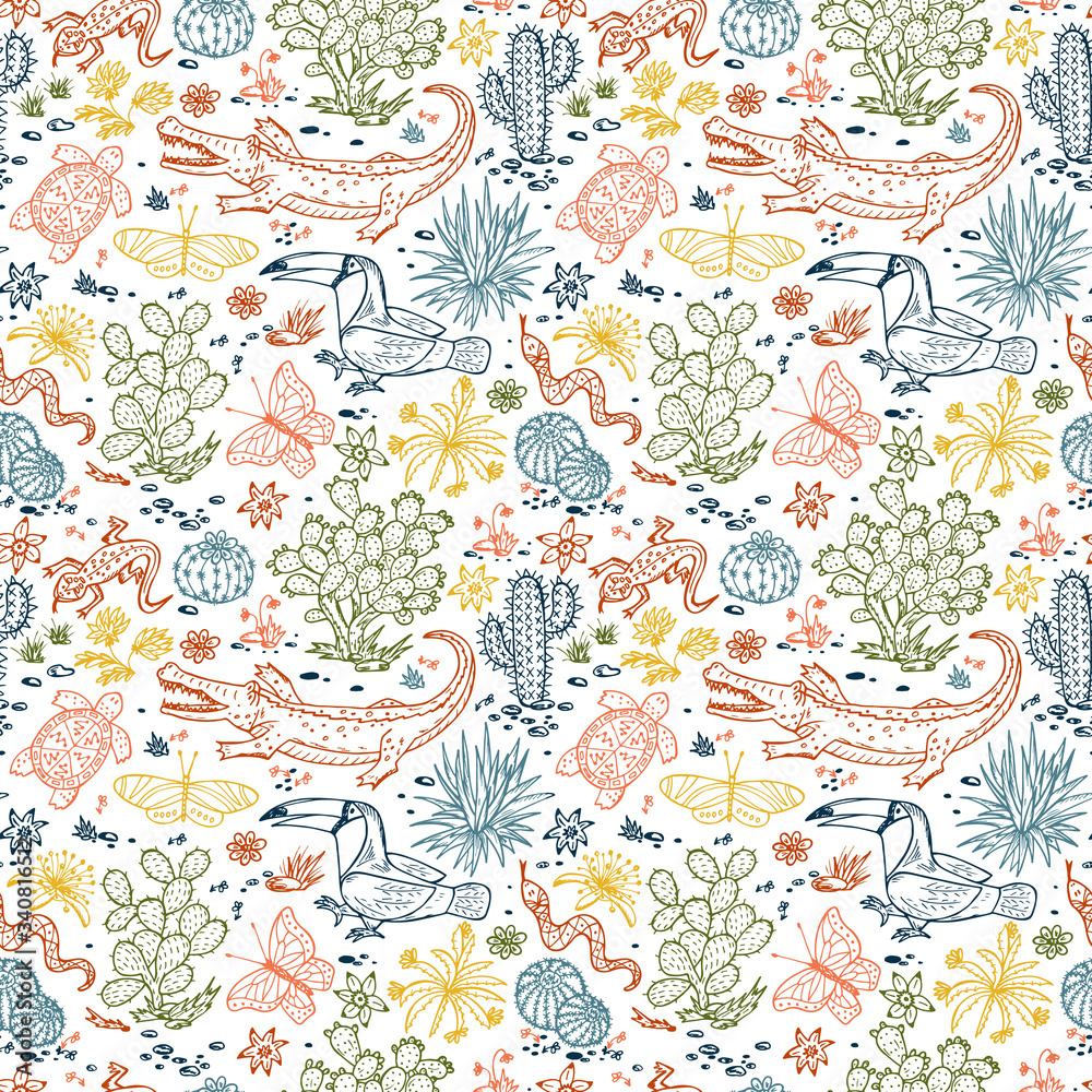 Mexico Vector Seamless pattern. Mexican flora and fauna. Nature of Mexico - Plants and animals. Hand drawn doodle Cactus, butterflies, reptiles, crocodile, toucan bird
