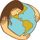 Retro style illustration of Mother Earth or Gaia, a goddess who inhabits the planet, offering life and nourishment, hugging the world or globe on isolated background.
