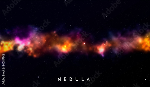 Space background Fantastic outer view with realistic bright stars and cluster of gas clouds. Universe with nebulae, galaxies and star clusters. Infinite cosmic open spaces. Vector illustration