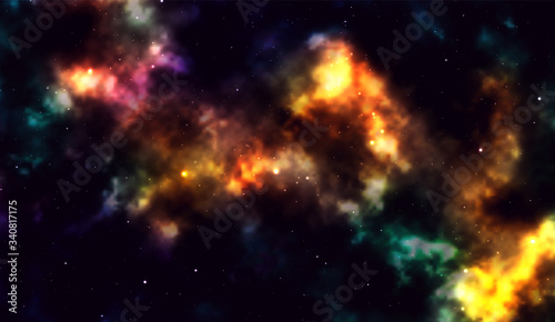 Space background Fantastic outer view with realistic bright stars and cluster of gas clouds. Universe with nebulae, galaxies and star clusters. Infinite cosmic open spaces. Vector illustration