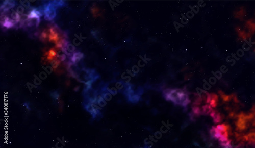 Space background Fantastic outer view with realistic bright stars and cluster of gas clouds. Universe with nebulae, galaxies and star clusters. Infinite cosmic open spaces. Vector illustration