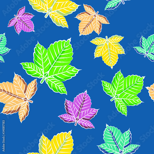 colorful maple leaf Seamless pattern textile with blue background