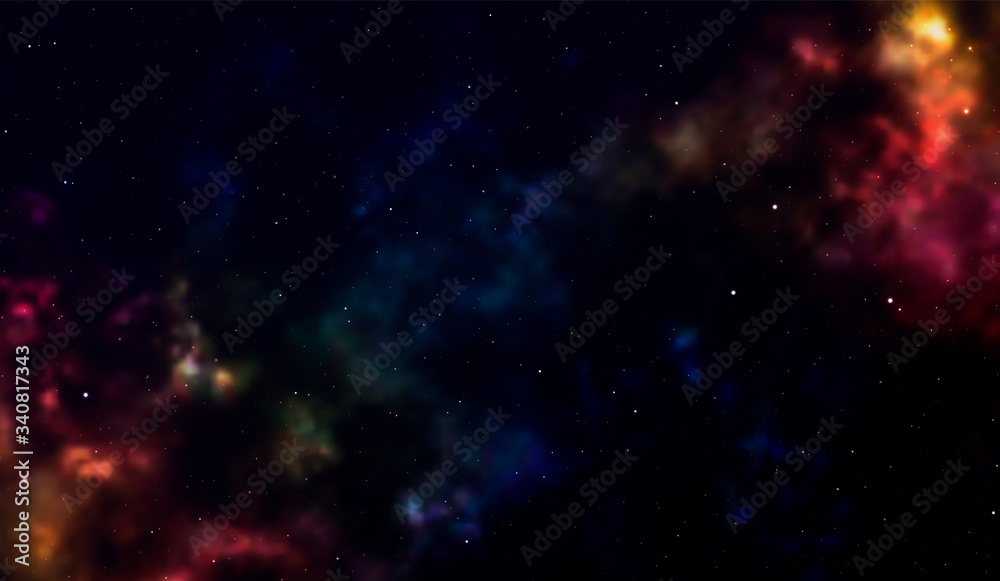 Naklejka premium Space background Fantastic outer view with realistic bright stars and cluster of gas clouds. Universe with nebulae, galaxies and star clusters. Infinite cosmic open spaces. Vector illustration