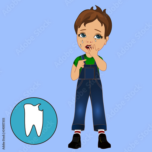 boy cries and holds his hand to his cheek because he has a toothache, color vector simple emoticon on a blue isolated background