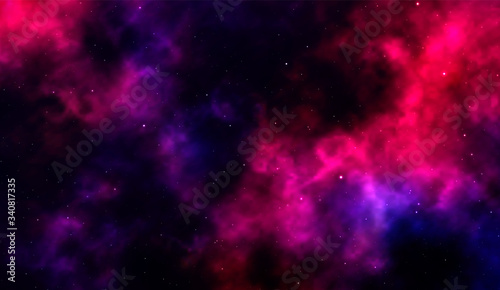 Space background Fantastic outer view with realistic bright stars and cluster of gas clouds. Universe with nebulae  galaxies and star clusters. Infinite cosmic open spaces. Vector illustration