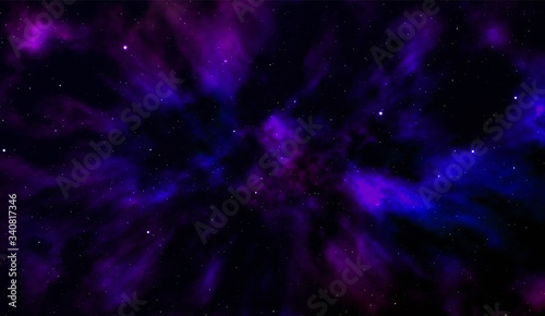 Space background Fantastic outer view with realistic bright stars and cluster of gas clouds. Universe with nebulae, galaxies and star clusters. Infinite cosmic open spaces. Vector illustration