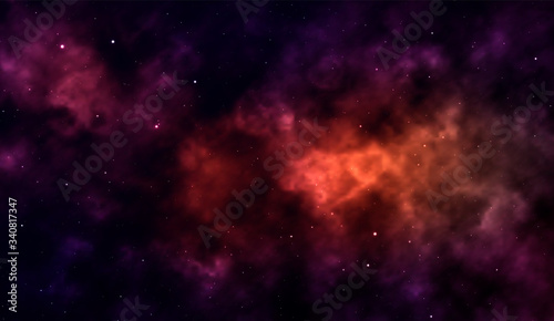 Space background Fantastic outer view with realistic bright stars and cluster of gas clouds. Universe with nebulae, galaxies and star clusters. Infinite cosmic open spaces. Vector illustration