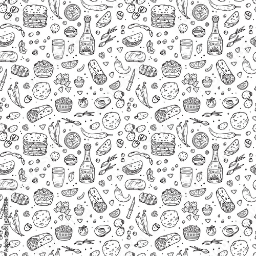Mexican tradition Food Vector Seamless pattern. Hand drawn doodle Tequila, corn tortilla, taco, burritos, guacamole, nachos corn chips, Vegetables

