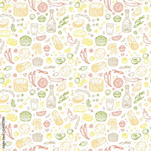 Mexican tradition Food Vector Seamless pattern. Hand drawn doodle Tequila, corn tortilla, taco, burritos, guacamole, nachos corn chips, Vegetables
