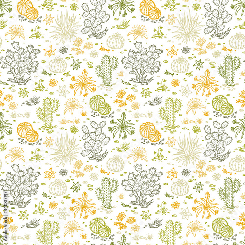 Mexican flora Vector Seamless pattern. Nature of Mexico. Hand drawn doodle Plants, Cactus