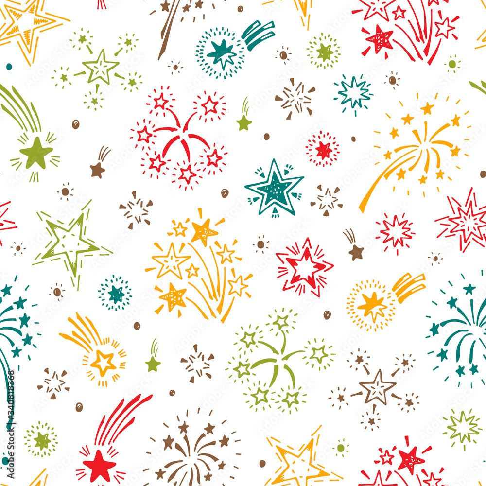 Obraz premium Holiday Wallpaper. Festive party background. Hand Drawn doodle Fireworks and Stars Seamless Pattern - Vector illustration 