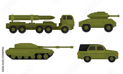 Armored Military Vehicles with Heavy Tank System Vector Set