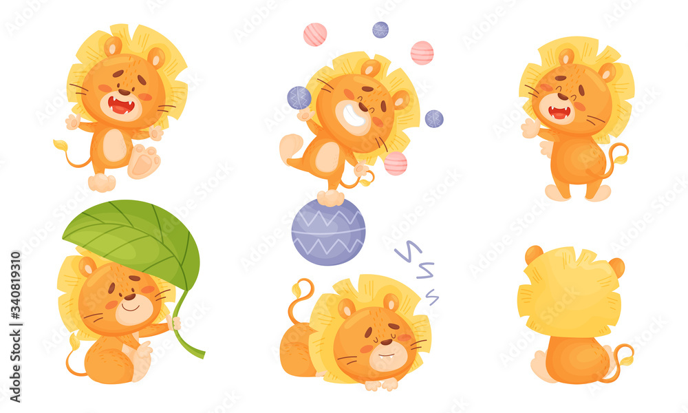 Naklejka premium Cartoon Lion Cub Playful Character with White Teeth and Thick Mane Vector Set