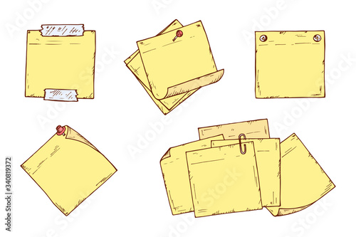 Yellow Sticky notes Vector set. Hand drawn doodle paper sheets for messages. Collection of memos blank
