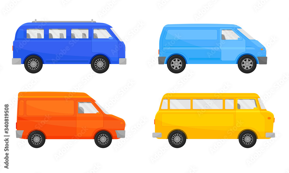 Shortbus or Microbus for Urban Trips Isolated on White Background Vector Set