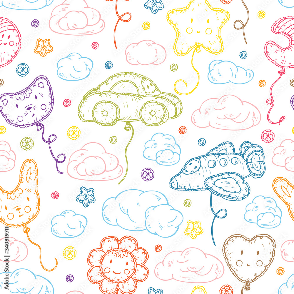 Kids toys. Beach Inflatable Toys. Balloons. Kawaii toy. Hand Drawn doodle clouds, star, heart, cat, car, airplane, flower, moon, rabbit - Vector Seamless Pattern. Cute background for kids
